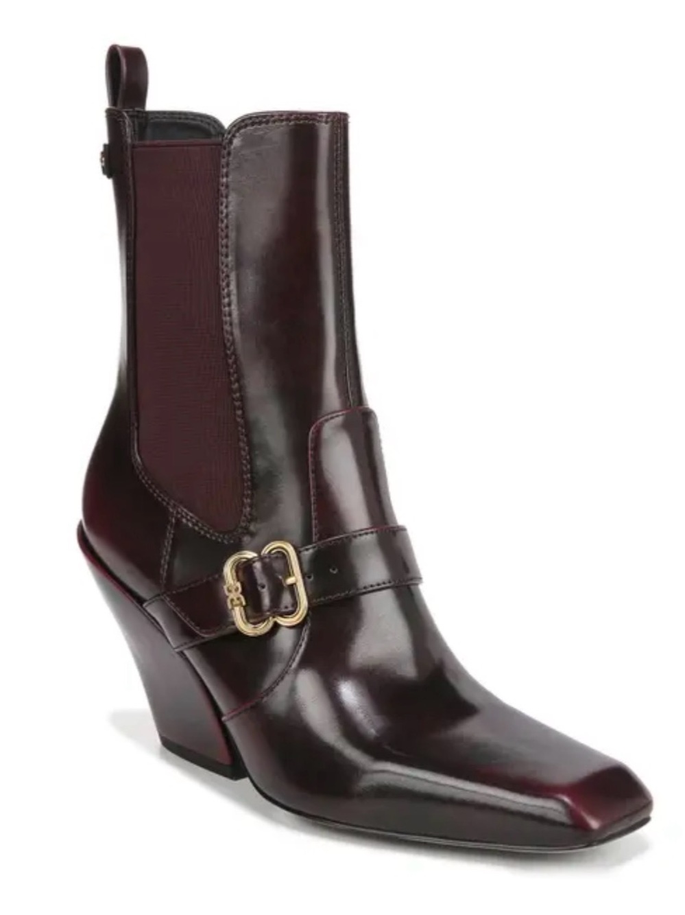 Sam Edelman Burgundy Leather Wedge Chelsea Boot with Gold Buckle